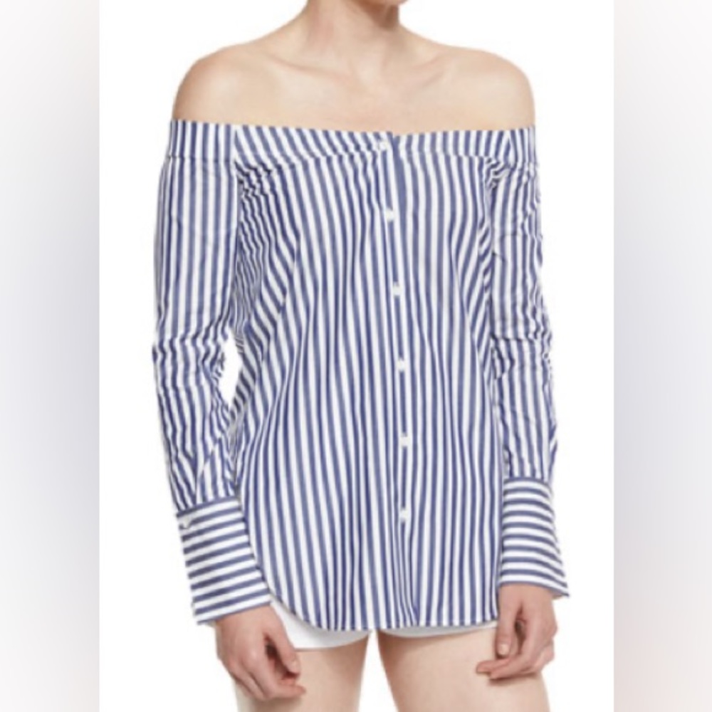 Rag & Bone Kacy Striped Reversible Poplin Off-the-Shoulder Tunic, Navy/White. XS